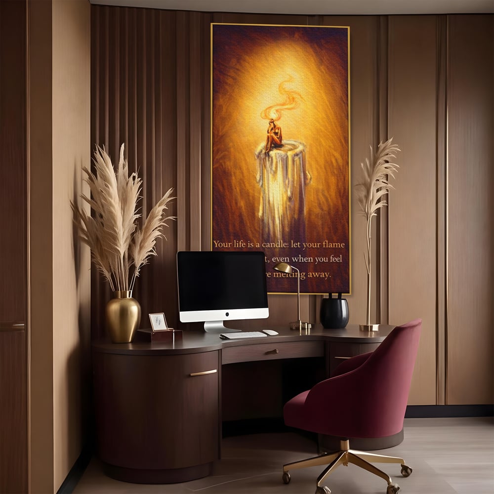 Tablou canvas cu tablou canvas cu lumanare si mesaj motivational, in rama de aluminiu auriu, pe perete intr-un birou
